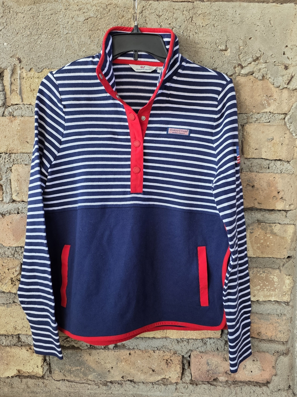 Vineyard Vines Navy Blue White Stripe Snap Pullover Sweatshirt Medium US Flag